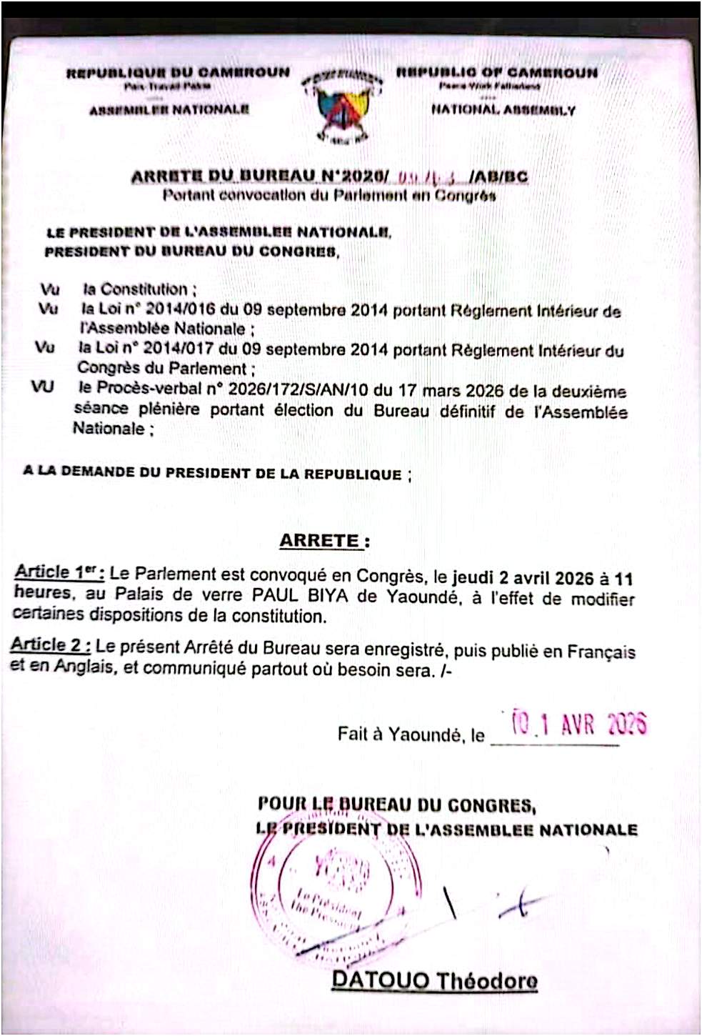 Modification de la constitution: le parlement est convoqué pour le 2 Avril 2026